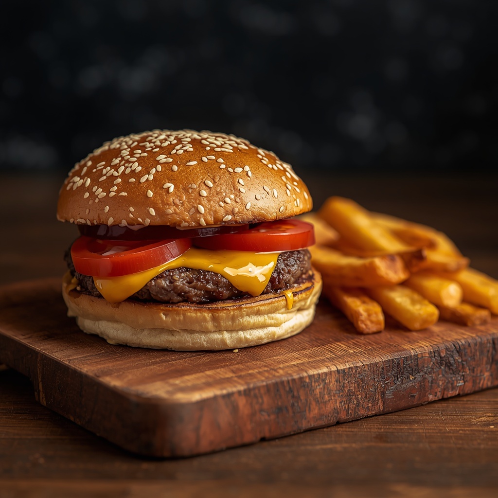 A mouth-watering gourmet burger on a rustic wooden cutting board, melting cheese, crispy fries on the side, professional food photography, shallow depth of field, no people
